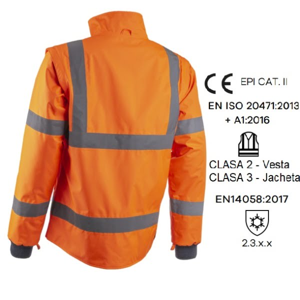 Jacheta 2 in 1 impermeabila, Hi-Viz, impotriva temperaturilor scazute, ploii si vantului, Kazan 2in1, jacheta si vesta, portocaliu fluorescent, captusita, maneci detasabile