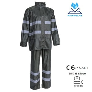 CG5RAI08_Set impermeabil pentru ploaie si vant, Rainet, verde inchis, compus din jacheta si pantaloni talie, benzi reflectorizante, orificii de ventilatie_fata