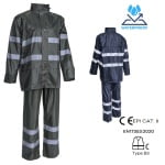 CG5RAI08_Set impermeabil pentru ploaie si vant, Rainet, verde inchis, compus din jacheta si pantaloni talie, benzi reflectorizante, orificii de ventilatie_fata_spate