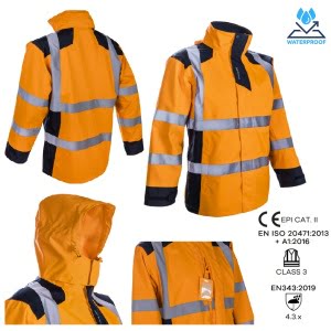 CG5SAN17_Jacheta impermeabila HI-Viz, de ploaie si vant, SANGAKU, portocaliu-albastru, benzi reflectorizante, peste jacheta sau geaca, impermeabila, respirabila_princ