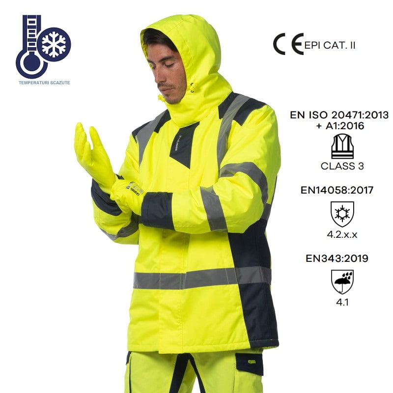 CG5SOK16_Geaca de iarna, impermeabila, HI-Viz, SOKOBIE, galben-albastru, cu captuseala Sorona, protectie la temperaturi scazute, ploaie si vant, benzi reflectorizante_princ