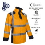 CG5SOK17_Geaca de iarna, impermeabila, HI-Viz, SOKOBIE, portocaliu-albastru, cu captuseala Sorona, protectie la temperaturi scazute, ploaie si vant, benzi reflectorizante_fata