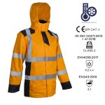 CG5SOK17_Geaca de iarna, impermeabila, HI-Viz, SOKOBIE, portocaliu-albastru, cu captuseala Sorona, protectie la temperaturi scazute, ploaie si vant, benzi reflectorizante_gluga1