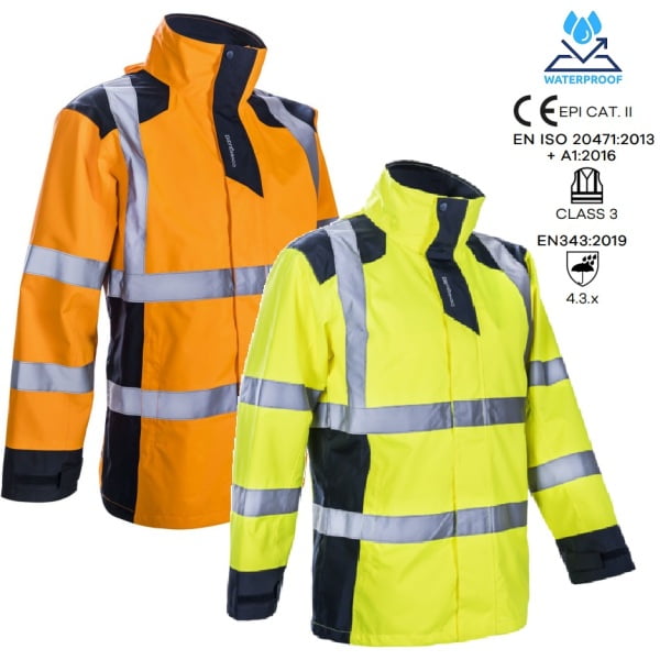 Jacheta impermeabila HI-Viz, de ploaie si vant, SANGAKU, portocaliu-albastru, benzi reflectorizante, se poate purta peste jacheta sau geaca, impermeabilitate 8000 mm, respirabilitate 5000 g/m²/24h