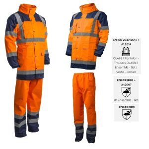 Costum impermeabil HI-Viz, pentru conditii de ploaie si vant, Hydra, vizibilitate ridicata, portocaliu fluorescent-albastru, benzi reflectorizante, compus din jacheta si pantaloni talie, Coverguard