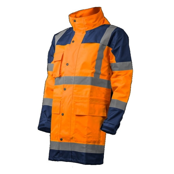 Costum impermeabil HI-Viz, pentru conditii de ploaie si vant, Hydra, vizibilitate ridicata, portocaliu fluorescent-albastru, benzi reflectorizante, compus din jacheta si pantaloni talie, Coverguard