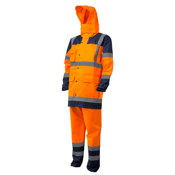 Costum impermeabil HI-Viz, pentru conditii de ploaie si vant, Hydra, vizibilitate ridicata, portocaliu fluorescent-albastru, benzi reflectorizante, compus din jacheta si pantaloni talie, Coverguard