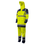 CG7HYDY_Costum impermeabil HI-Viz, pentru ploaie si vant, Hydra, vizibilitate ridicata, galben fluorescent-albastru, benzi reflectorizante, jacheta si pantaloni talie, Coverguard_gluga