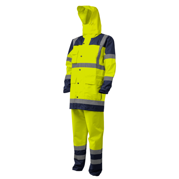 Costum impermeabil HI-Viz, pentru conditii de ploaie si vant, Hydra, vizibilitate ridicata, galben fluorescent-albastru, benzi reflectorizante, compus din jacheta si pantaloni talie, Coverguard