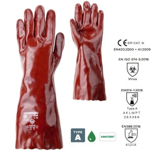 Manusi de protectie chimica, imersate in PVC bordo, maneca lunga 40 cm EUROCHEM 3669, rezistente la acizi, uleiuri si baze, protectie impotriva micro-organismelor