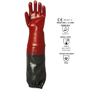 CGMO3669_Manusi de protectie chimica, imersate in PVC bordo, maneca lunga 65cm EUROCHEM 3669, rezistente la acizi, uleiuri si baze, protectie impotriva micro-organismelor