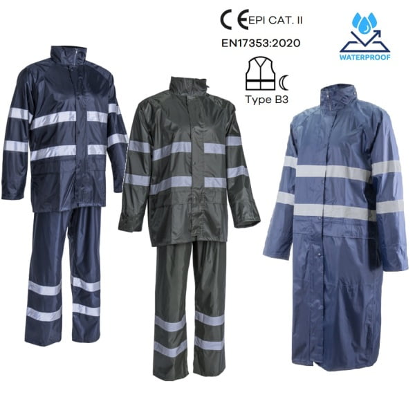 Set impermeabil pentru ploaie si vant, Rainet, verde inchis, compus din jacheta si pantaloni talie, benzi reflectorizante, orificii de ventilatie