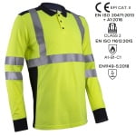 CG5EKH160_Tricou Polo Multirisc Hi-Viz, cu maneca lunga, EKHI, galben HV, albastru inchis, complet ignifug, benzi reflectorizante_fata