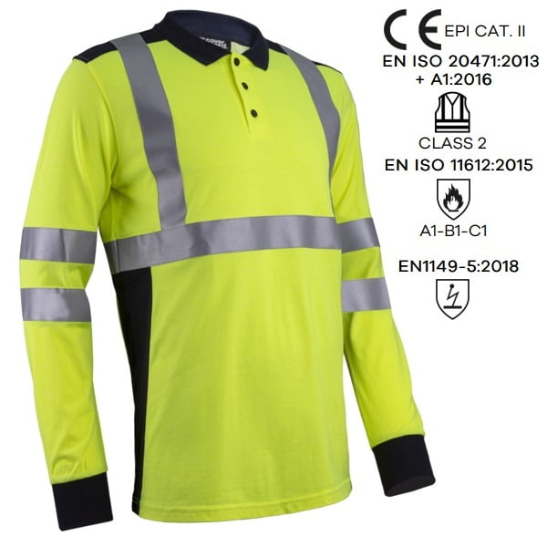 Tricou Polo Multirisc Hi-Viz, cu maneca lunga, EKHI, galben HV, albastru inchis, complet ignifug, benzi reflectorizante de 5 cm, EN 1149-5, EN 11612, EN 20471, Coverguard