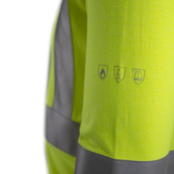 Tricou Polo Multirisc Hi-Viz, cu maneca lunga, EKHI, galben HV, albastru inchis, complet ignifug, benzi reflectorizante de 5 cm, EN 1149-5, EN 11612, EN 20471, Coverguard