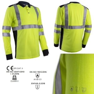 Tricou Polo Multirisc Hi-Viz, cu maneca lunga, EKHI, galben HV, albastru inchis, complet ignifug, benzi reflectorizante de 5 cm, EN 1149-5, EN 11612, EN 20471, Coverguard