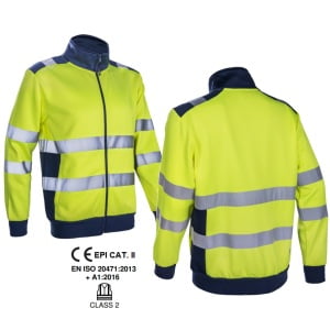 Jacheta termica Hi-Viz Gokkan, galben HV-albastru inchis, fleece 300 gr/m², 75% poliester, 25% bumbac, benzi reflectorizante 5cm, calduroasa, confortabila