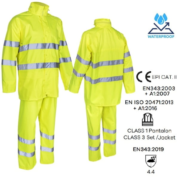 Costum impermeabil, Hi-Viz, pentru ploaie si vant, Kawa, galben HV, compus din jacheta si pantaloni talie, benzi reflectorizante orificii de ventilatie, Coverguard