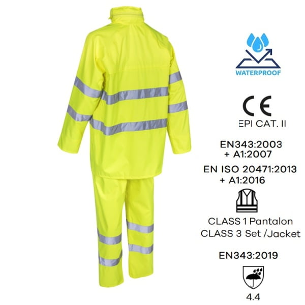 Costum impermeabil, Hi-Viz, pentru ploaie si vant, Kawa, galben HV, compus din jacheta si pantaloni talie, benzi reflectorizante orificii de ventilatie, Coverguard