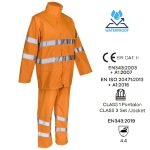 CG5KAW170_Costum impermeabil, Hi-Viz, pentru ploaie si vant, Kawa, portocaliu HV, compus din jacheta si pantaloni talie, benzi reflectorizante-fata