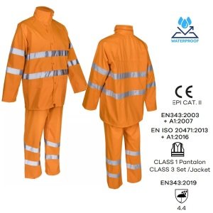 CG5KAW170_Costum impermeabil, Hi-Viz, pentru ploaie si vant, Kawa, portocaliu HV, compus din jacheta si pantaloni talie, benzi reflectorizante-princ