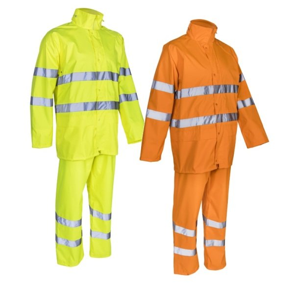 Costum impermeabil, Hi-Viz, pentru ploaie si vant, Kawa, galben HV, compus din jacheta si pantaloni talie, benzi reflectorizante orificii de ventilatie, Coverguard