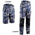 CG5KMS090-CG5KMP090-Pantaloni de lucru KAMMO, albastri, imprimeu camuflaj, rezistenti, cusaturi triple, spate inaltat, Coverguard-variante