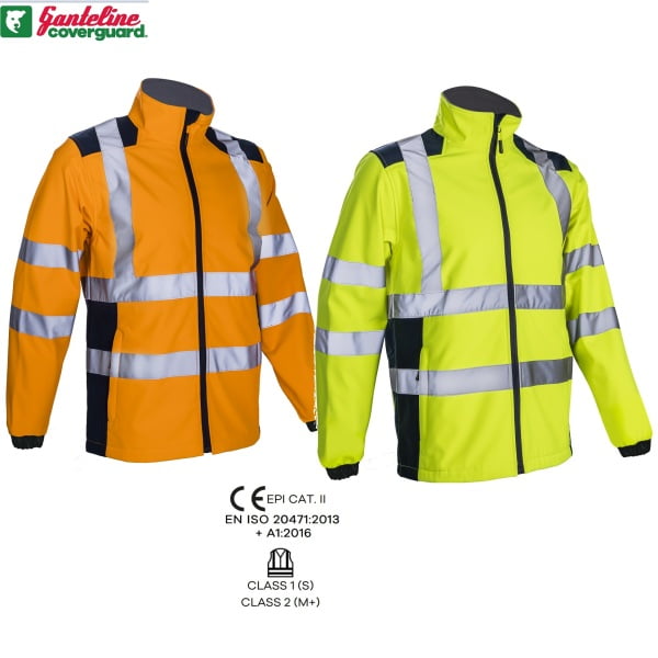 Jacheta impermeabila HI-Viz, de ploaie si vant, Kanpa, portocaliu HV-albastru, Softshell in 3 straturi, benzi reflectorizante, impermeabilitate 8000 mm, respirabilitate 3000 g/m²/24h