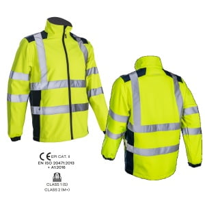 Jacheta impermeabila HI-Viz, de ploaie si vant, Kanpa, galben HV-albastru, Softshell in 3 straturi, benzi reflectorizante, impermeabilitate 8000 mm, respirabilitate 3000 g/m²/24h