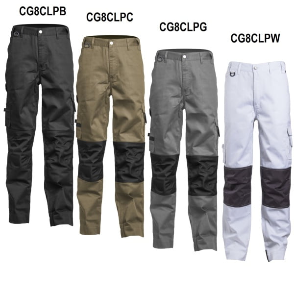 Pantaloni de lucru, talie, CLASS, albi, material rezistent Twill, genunchi preformati intariti cu Cordura 500D, tiv suplimetar 5cm, buzunare multiple, Coverguard