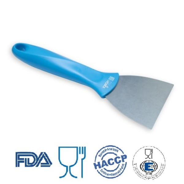 Scraper / Racleta cu lama din otel inoxidabil,  75 mm, cu maner albastru din plastic, rezistent pana la 121° C, pentru industria alimentara, certificata HACCP, FDA