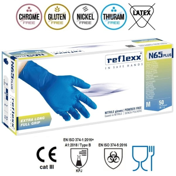 Manusi de nitril extra-lungi, 29cm, nepudrate, de unica folosinta, albastre, texturate pe palma, aderente, 0.15-0.20mm grosime, Reflexx N65P, certificate pentru industria alimentara, 50 buc/cutie