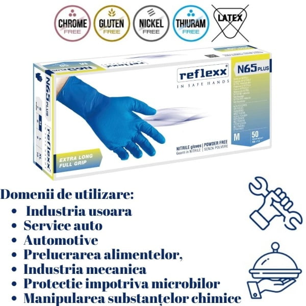 Manusi de nitril extra-lungi, 29cm, nepudrate, de unica folosinta, albastre, texturate pe palma, aderente, 0.15-0.20mm grosime, Reflexx N65P, certificate pentru industria alimentara, 50 buc/cutie