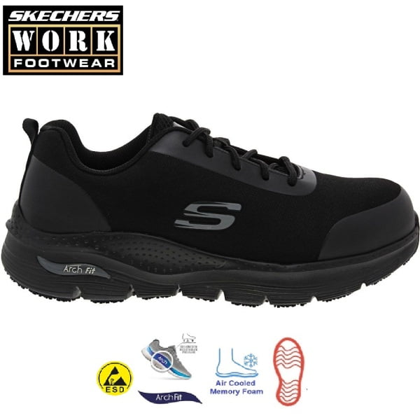 Pantofi de protectie S3, SRC, ESD, model sport, Skechers Ringstap, cu bombeu usor din aliaj, protectie anti-intepare, intaritura TPU pe varf si calcai, hidrofug, brant Arch-Fit