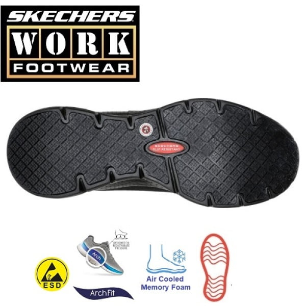 Pantofi de protectie S3, SRC, ESD, model sport, Skechers Ringstap, cu bombeu usor din aliaj, protectie anti-intepare, intaritura TPU pe varf si calcai, hidrofug, brant Arch-Fit