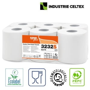 CE3232S_Rola prosop hartie derulare centrala Celtex SavePlus 3232S, alb, 2straturi, 108m, 450 portii_rola, industria alimentara, Ecolabel_1