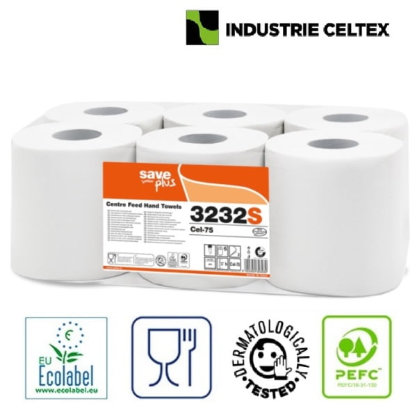 Rola prosop hartie derulare centrala Celtex SavePlus 3232S, alb, 2straturi, 108m, 450 portii/rola, 6 role/bax, certificata pentru industria alimentara, Ecolabel