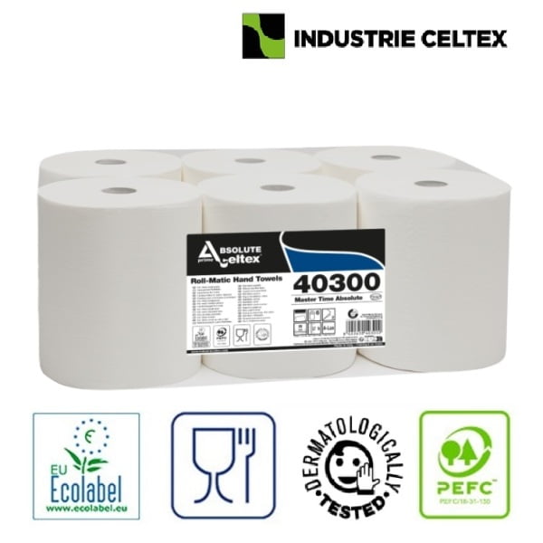 Rola prosop hartie autocut Celtex Master Time 40300, alb, 285m, 2 str, 6 role/bax, certificat Ecolabel, pentru dispensere CE92680, CE95420