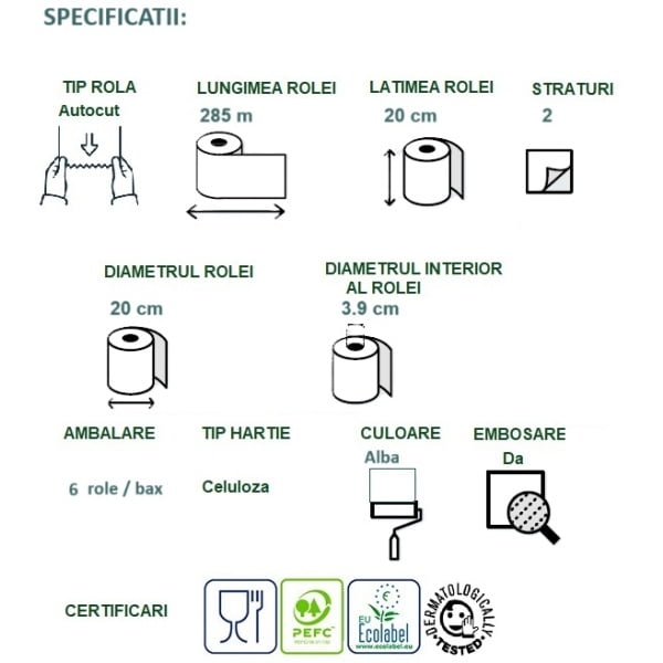 Rola prosop hartie autocut Celtex E-Control 45300, alba, 285ml, 2 straturi, 6 role/bax, Ecolabel, compatibila cu dispenser CE95430