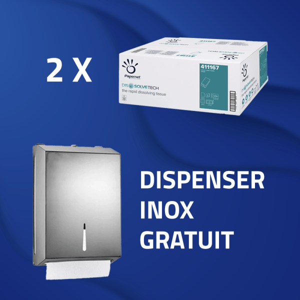 Dispenser inox prosoape hartie + 2 baxuri prosoape de hartie pliate V, Dissolve Tech, certificate Ecolabel