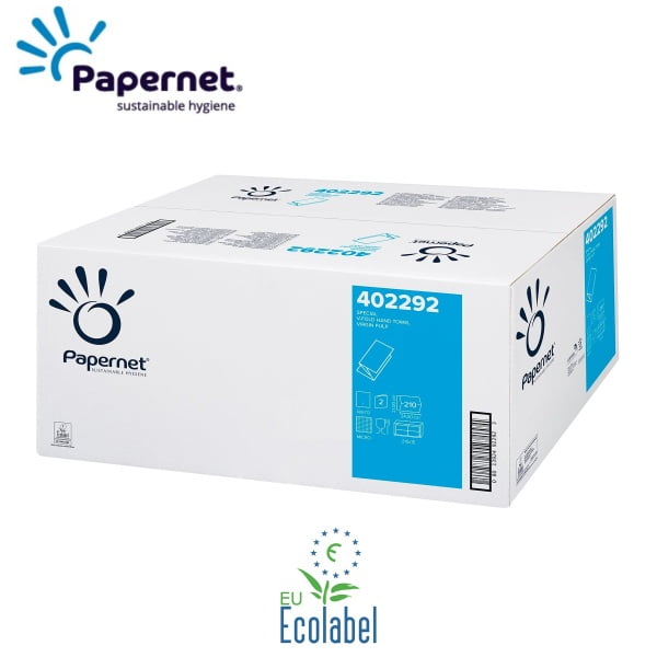 Prosoape de hartie pliate V, Papernet 402292, albe, 21x24cm, 2 straturi, celuloza, certificate Ecolabel, 210 servetele / pachet, 15 pachete / bax