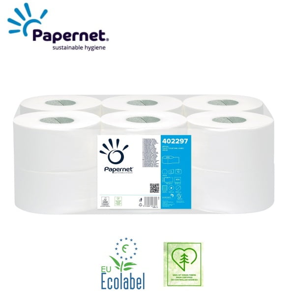 Hartie igienica mini jumbo Papernet 402297, alba, 2straturi, celuloza, 140 m, 459 portii, 12 role/bax, certificata Ecolabel