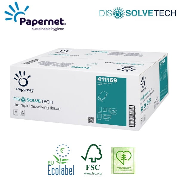 Prosoape de hartie pliate V, Dissolve Tech, Papernet 411169, albe, 21x22cm, 2 straturi, certificate Ecolabel, FSC, 210 servetele / pachet, 15 pachete / bax