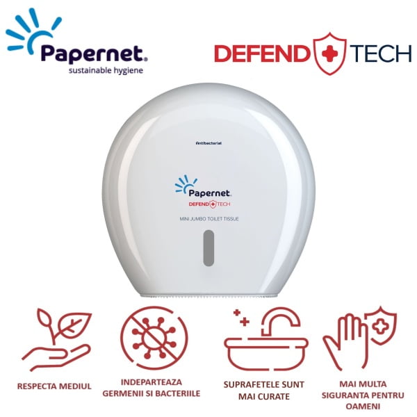 Dispenser Antibacterial DEFEND TECH, Papernet 416145, alb, pentru hartie igienica jumbo, dimensiuni 24.9 x 14.8 x 25.7 cm