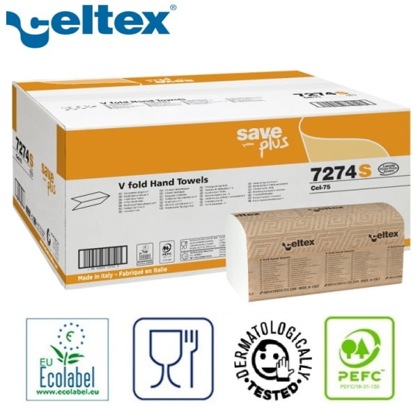 Prosoape de hartie pliate V, Celtex Save Plus 7274S, albe, 25x21cm, 2straturi, 75%celuloza, certificate Ecolabel, Food contact, 200 servetele / pachet, 15 pachete / bax