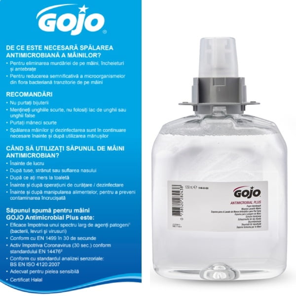 Sapun spuma Gojo GOJO® Antimicrobial Plus FMX 5148, potrivit pentru piele sensibila si utilizare frecventa, rezerva 1250 ml, certificat HALAL