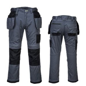 Pantaloni de lucru Holster gri-negru, rezistenti, din polibumbac 300 g/m² Kingsmill, cusaturi triple, detalii reflectorizante, UPF 40, tiv regabil