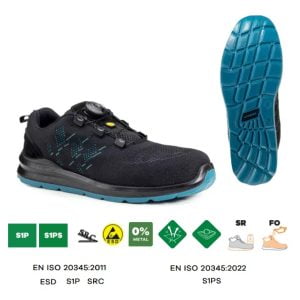 Pantofi de protectie usori  S1P, ESD, SRC, ONYX II, negri, cu bombeu si lamela antiperforare din compozit, talpa anti-alunecare