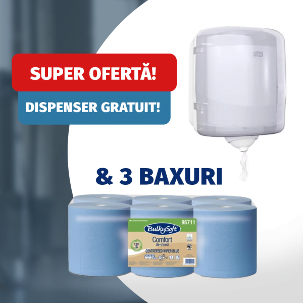 Pachet 3 baxuri hartie albastra derulare centrala Bulkysoft + Dispenser TORK GRATUIT