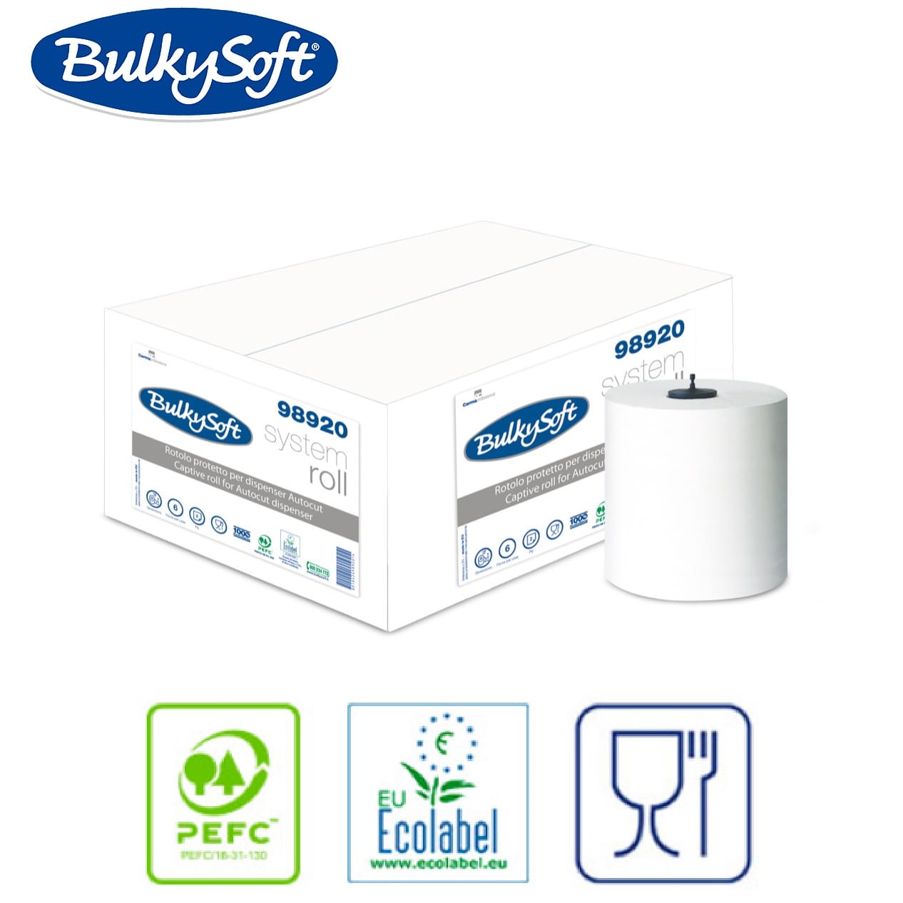 Rola prosop de hartie autocut H1 Bulkysoft System Matic 98920, 2 straturi, alba,  150m,  6 role / bax, certificare PEFC, ECOLABEL, Food Contact, compatibila cu dispensere H1